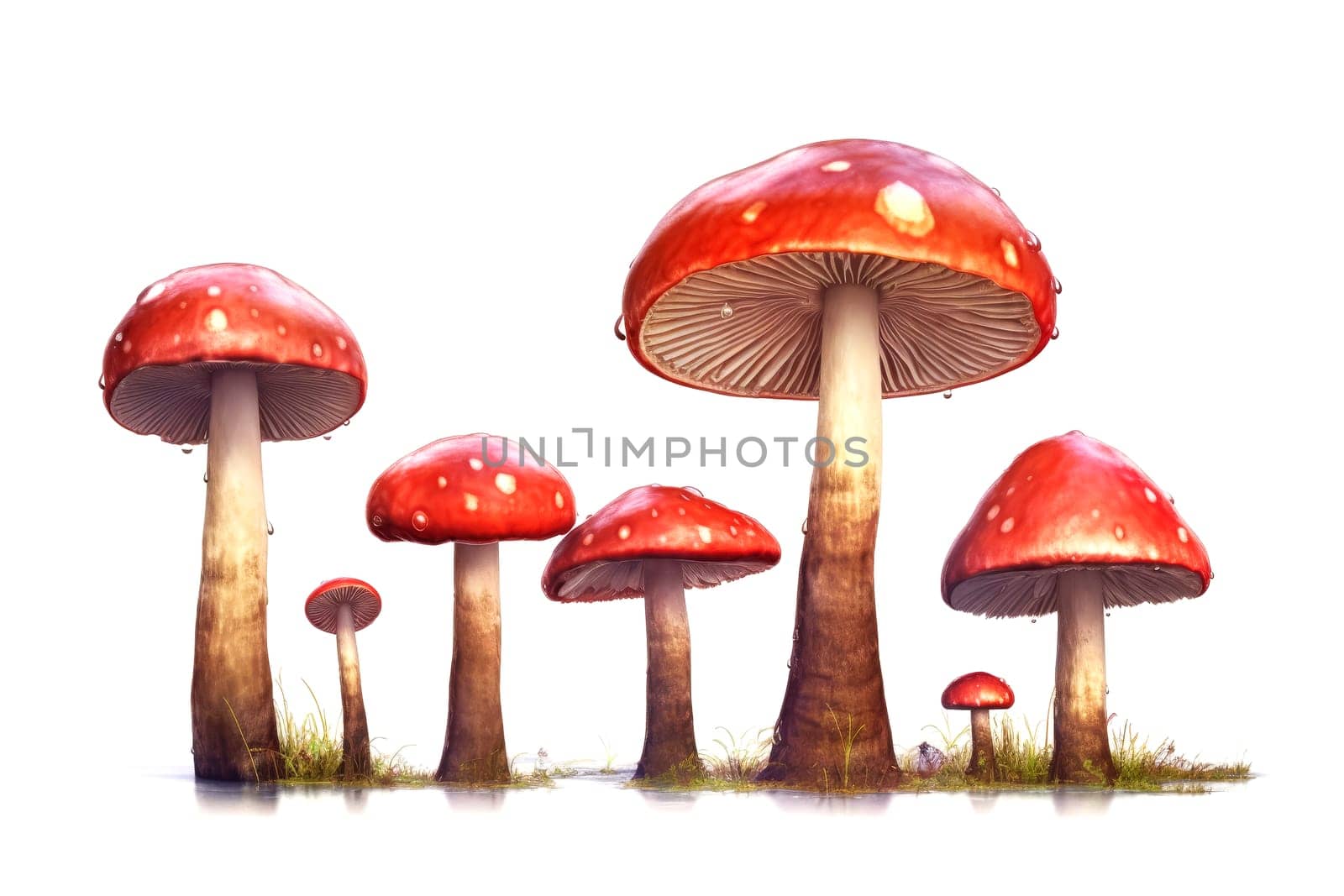 Cluster of red spotted mushrooms on a white background with green moss by andreyz