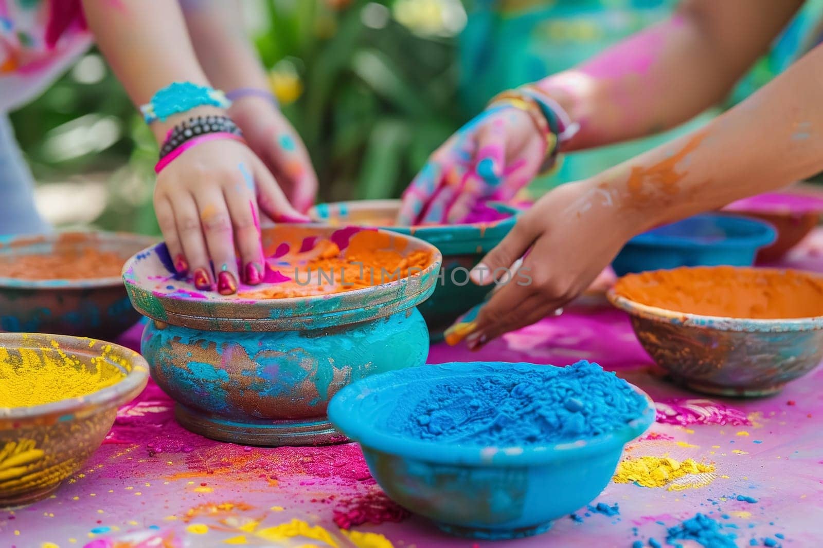 Open hands covered in vibrant Holi colors symbolize joy and playfulness. The rainbow of pigments adorns the skin with cultural celebration
