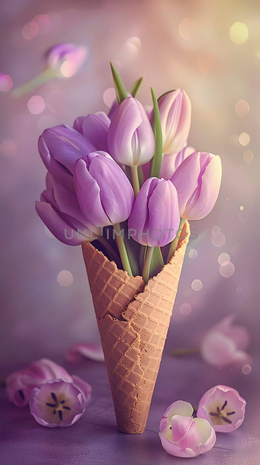 A stunning arrangement of purple tulips placed in an ice cream cone, creating a unique and eyecatching still life photography subject
