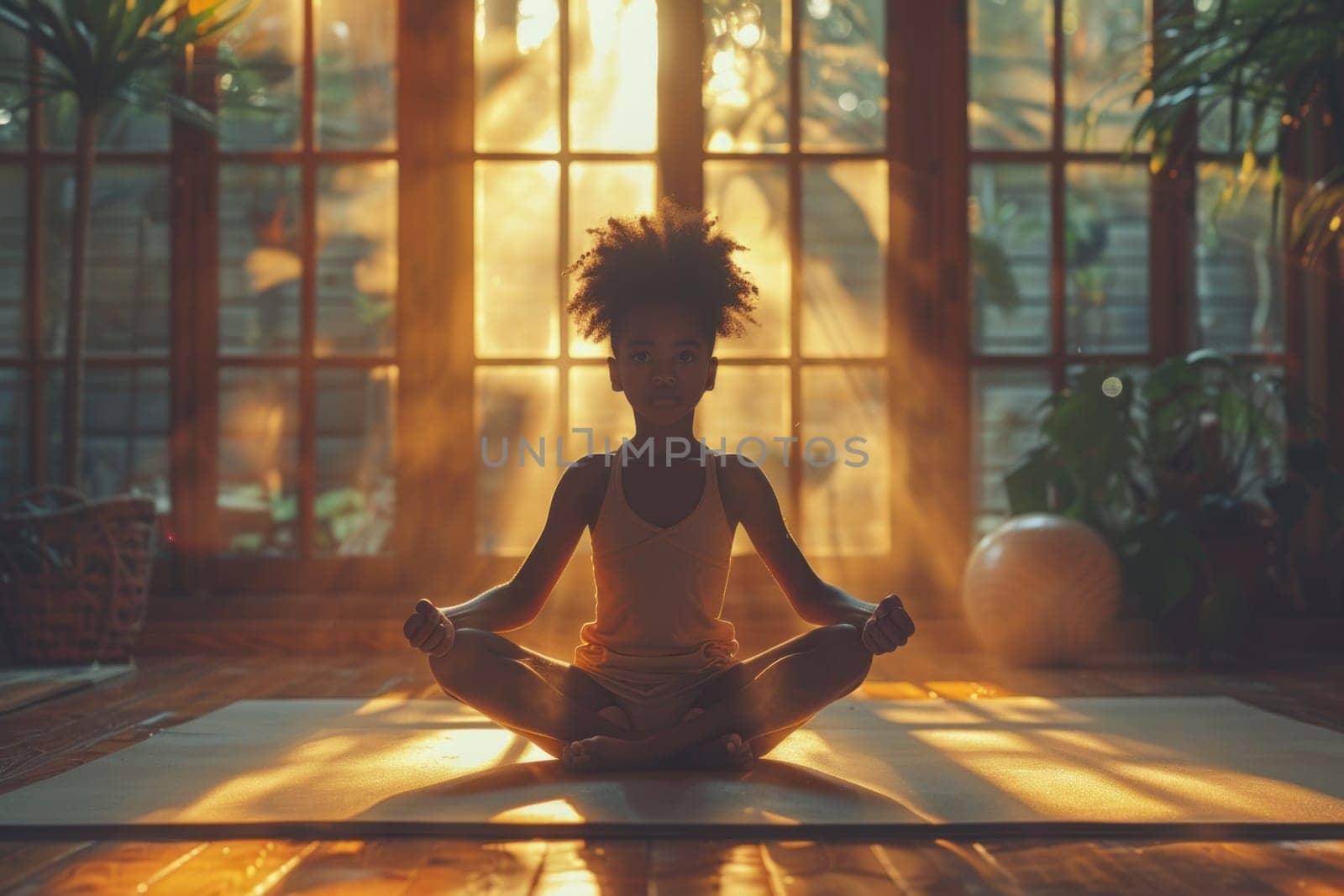 A woman sits in a yoga position in front of a window, focusing on her practice.