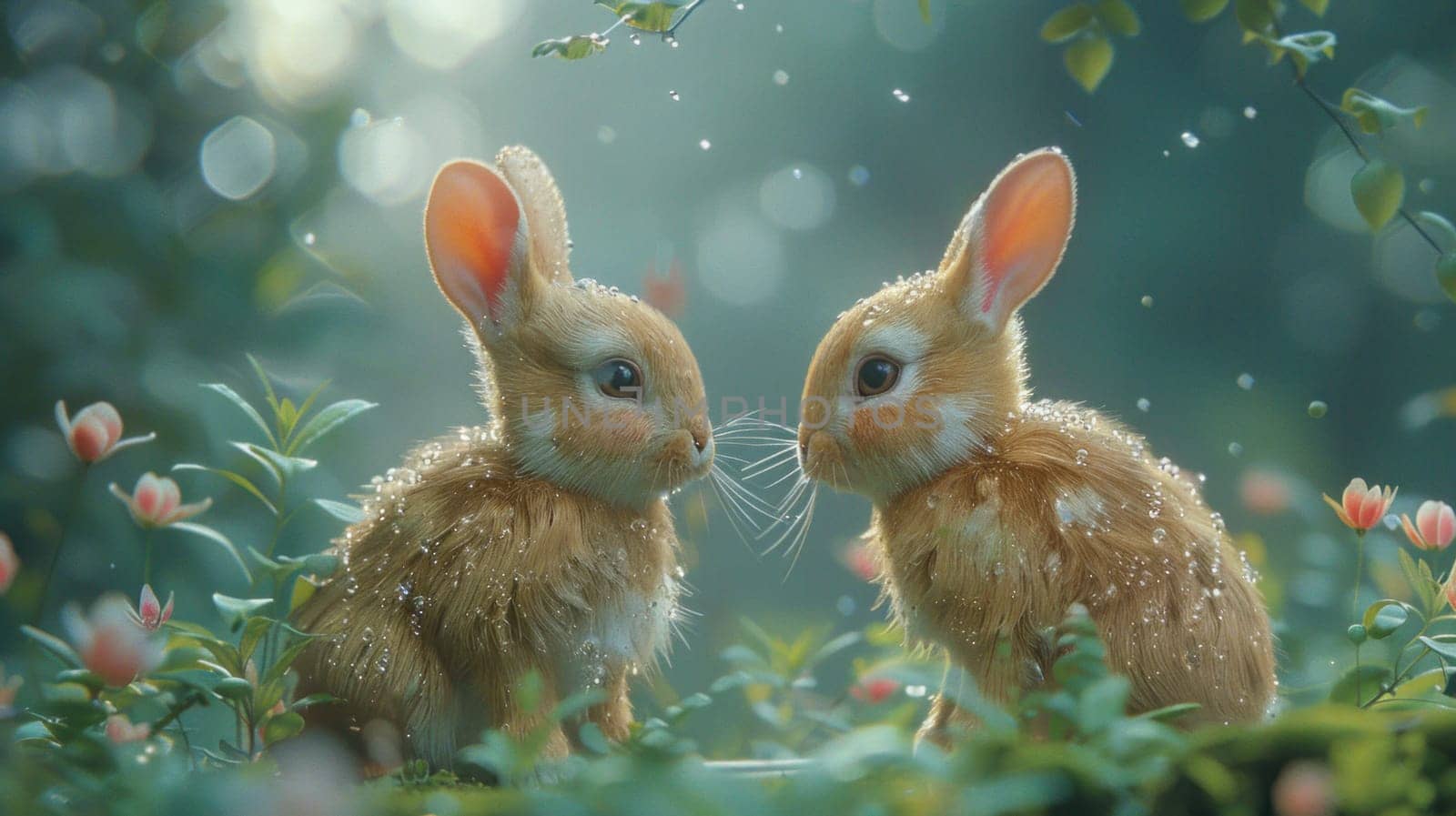 A pair of rabbits sitting side by side in close proximity.