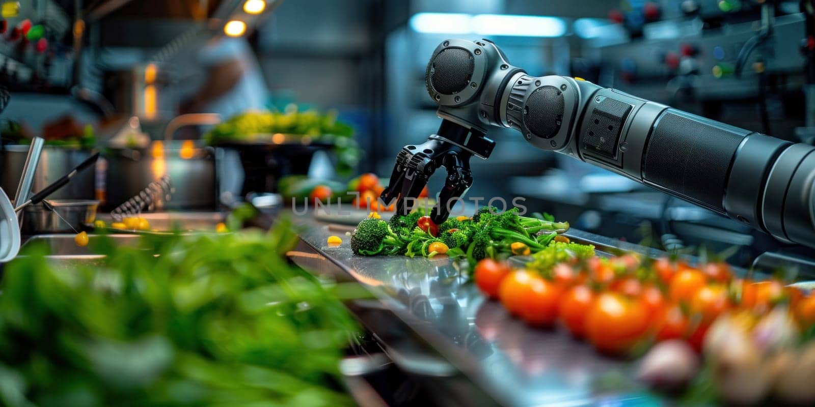 A robot is standing in a modern kitchen, surrounded by appliances and utensils.