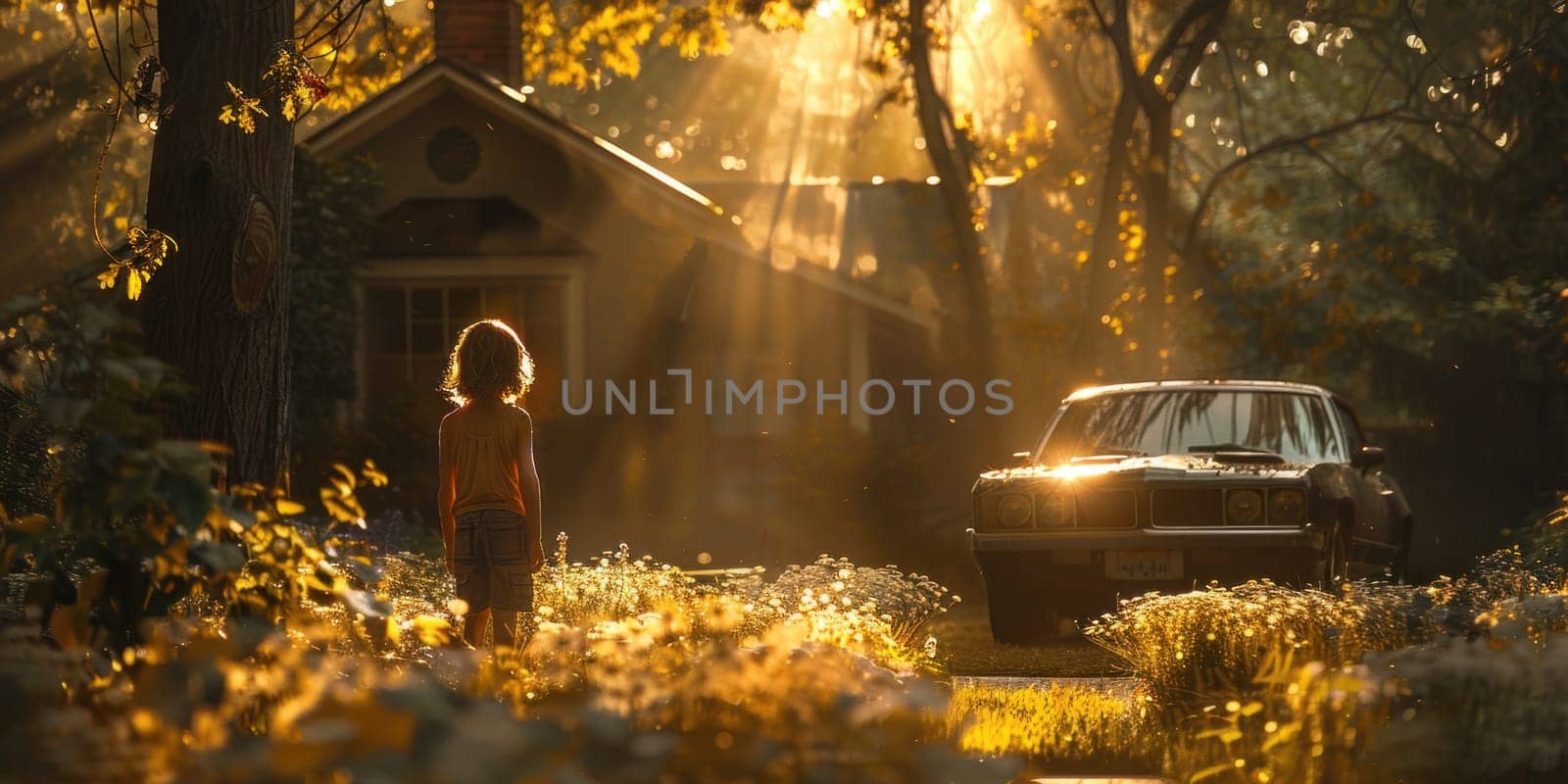 A car belonging to a family on vacation is parked in front of a house surrounded by dense woods.