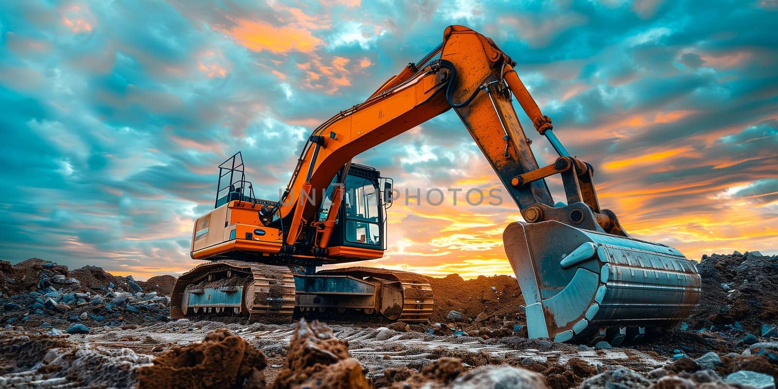 Crawler excavator front view digging on demolition site in backlight by sarymsakov
