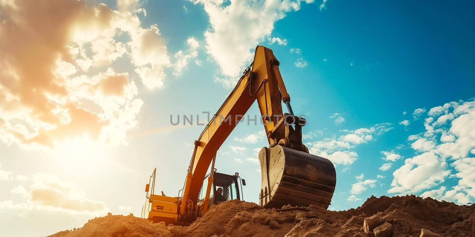 Crawler excavator front view digging on demolition site in backlight.