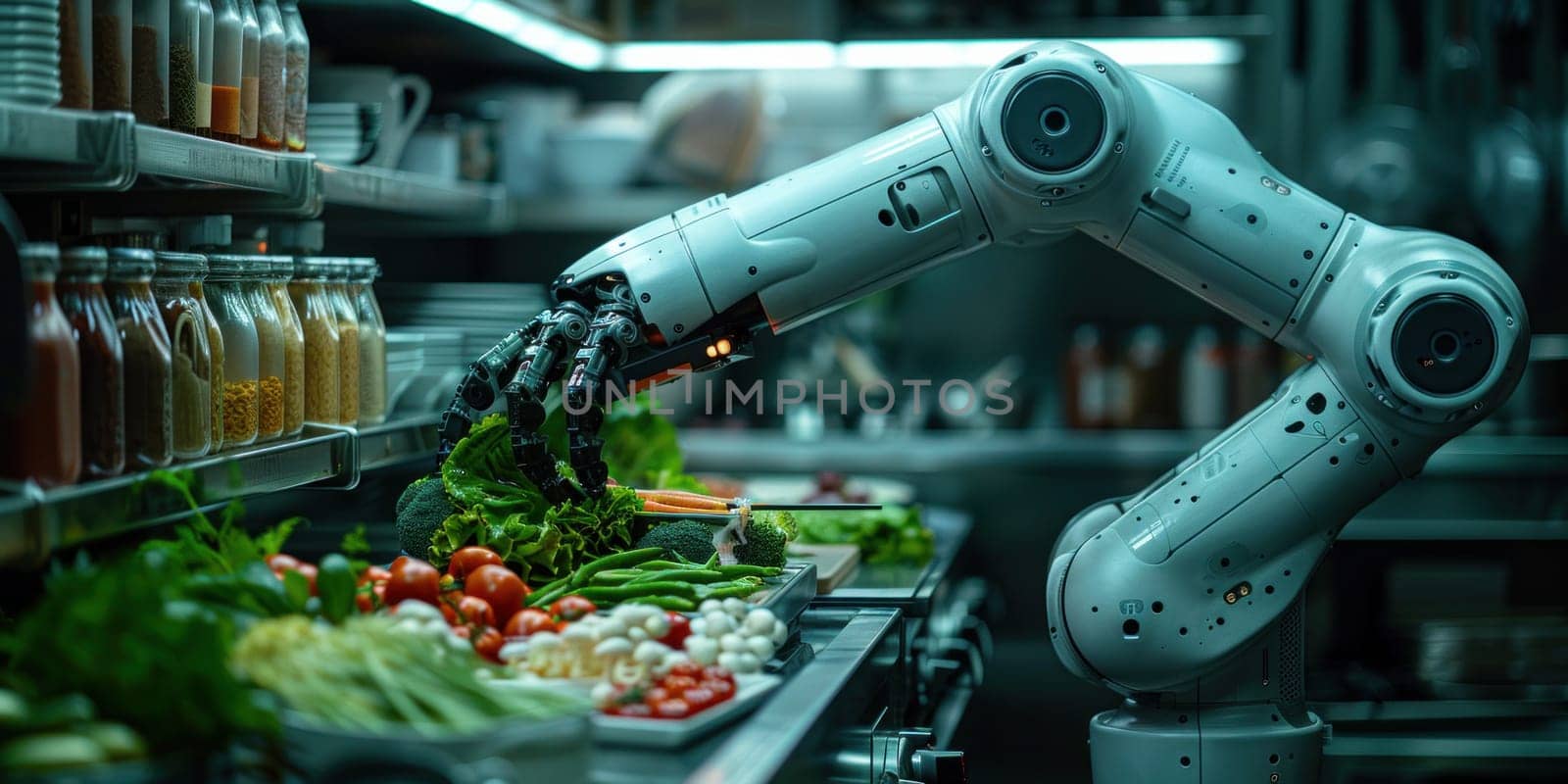 A robot is positioned in front of a selection of food items, ready for interaction or consumption.