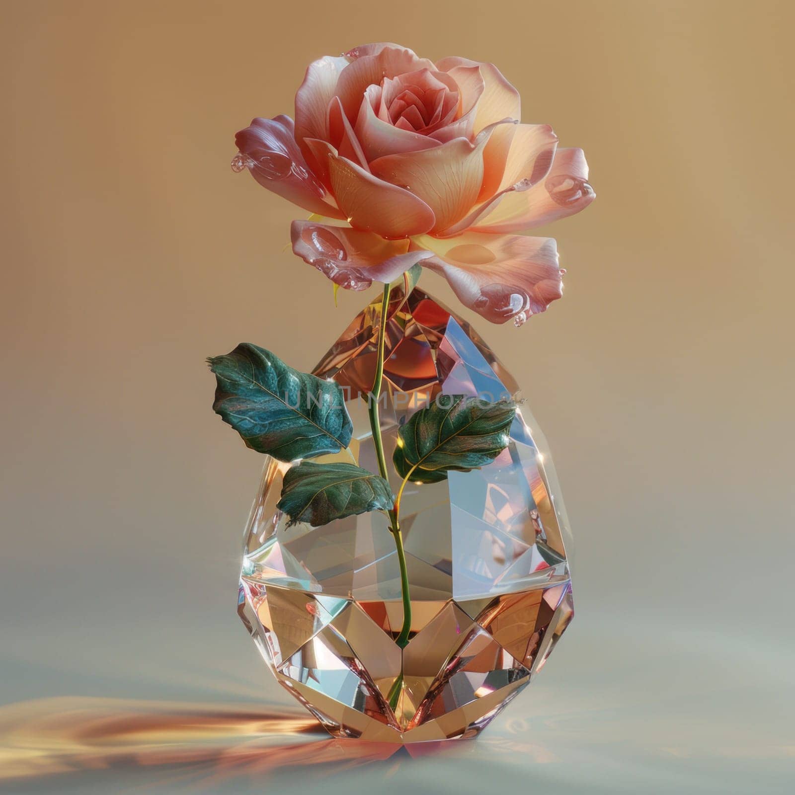 Pink Rose in Crystal Vase With Leaves by but_photo