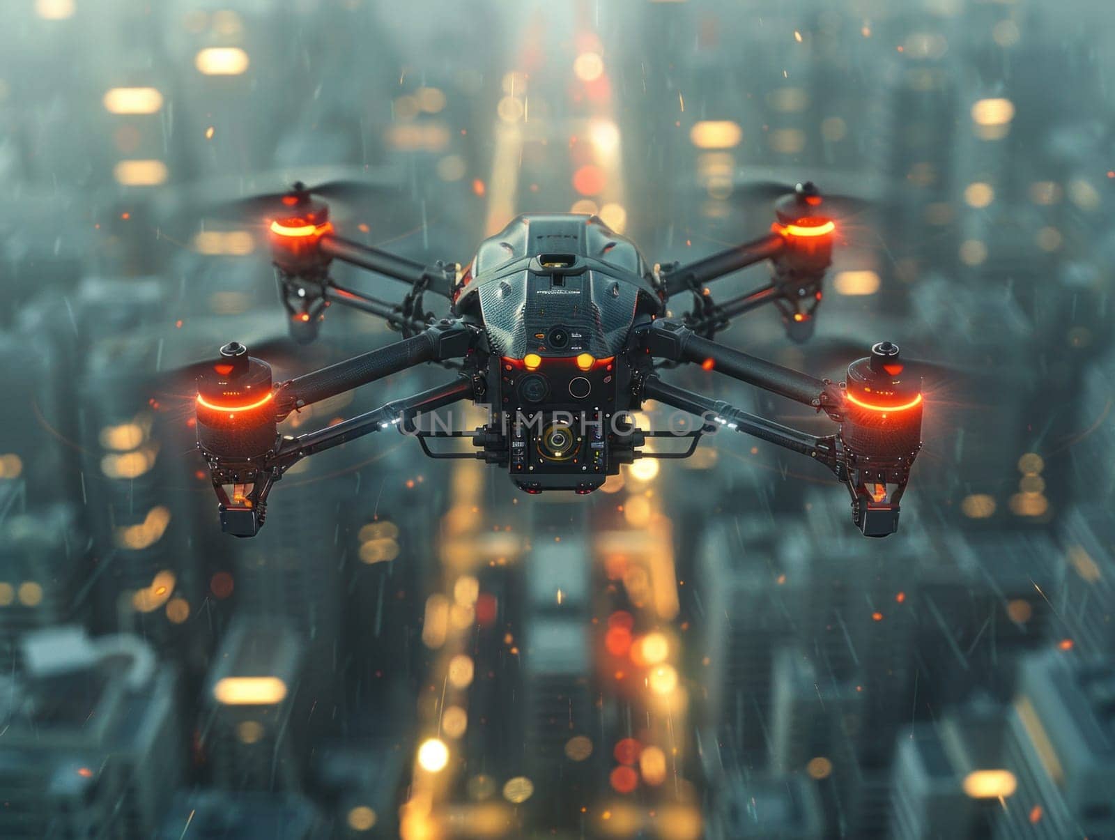 A large black and red drone flying over a bustling city.