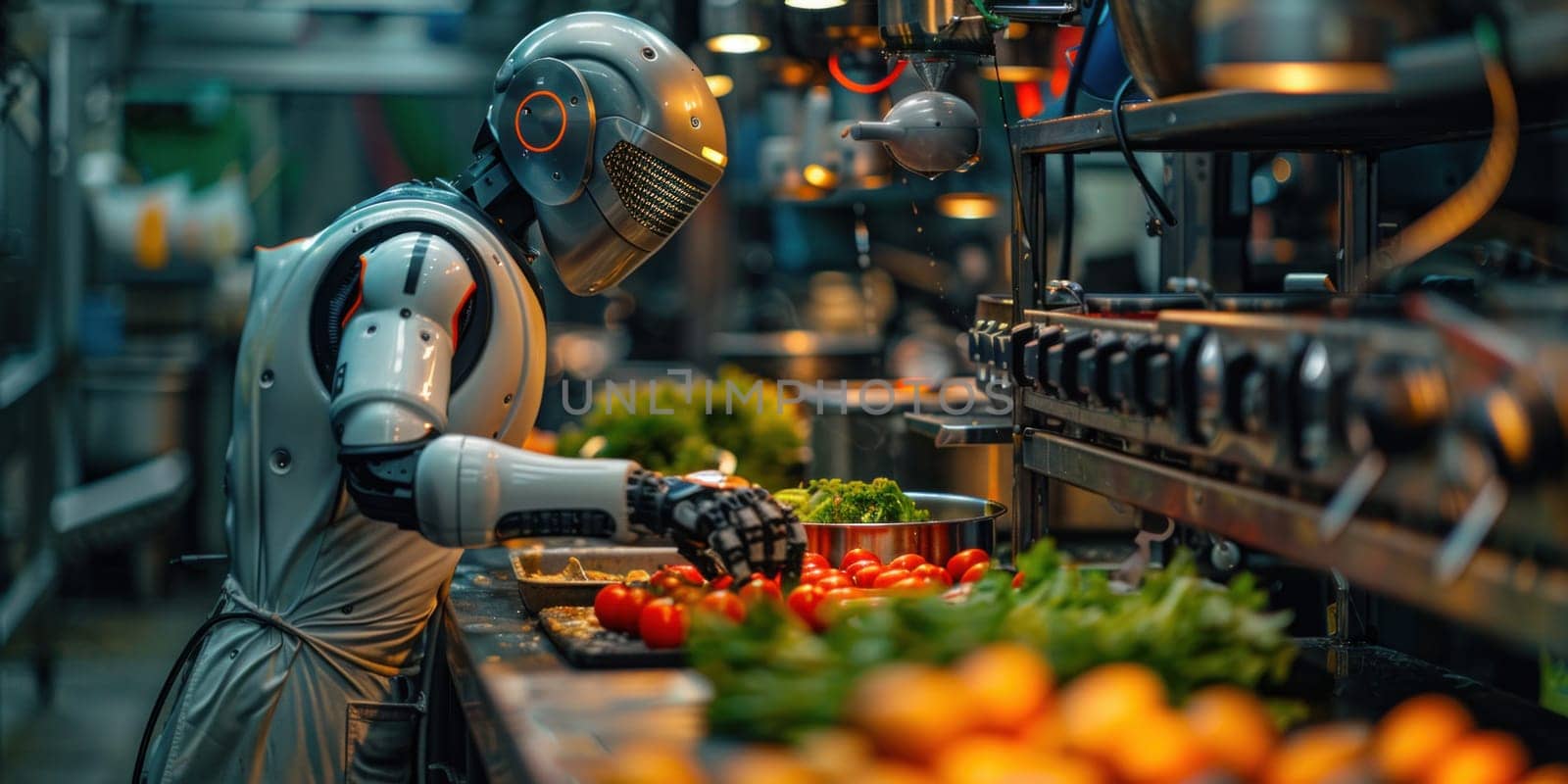 A robot is seen cooking in a kitchen, handling ingredients and using kitchen appliances to prepare a meal.