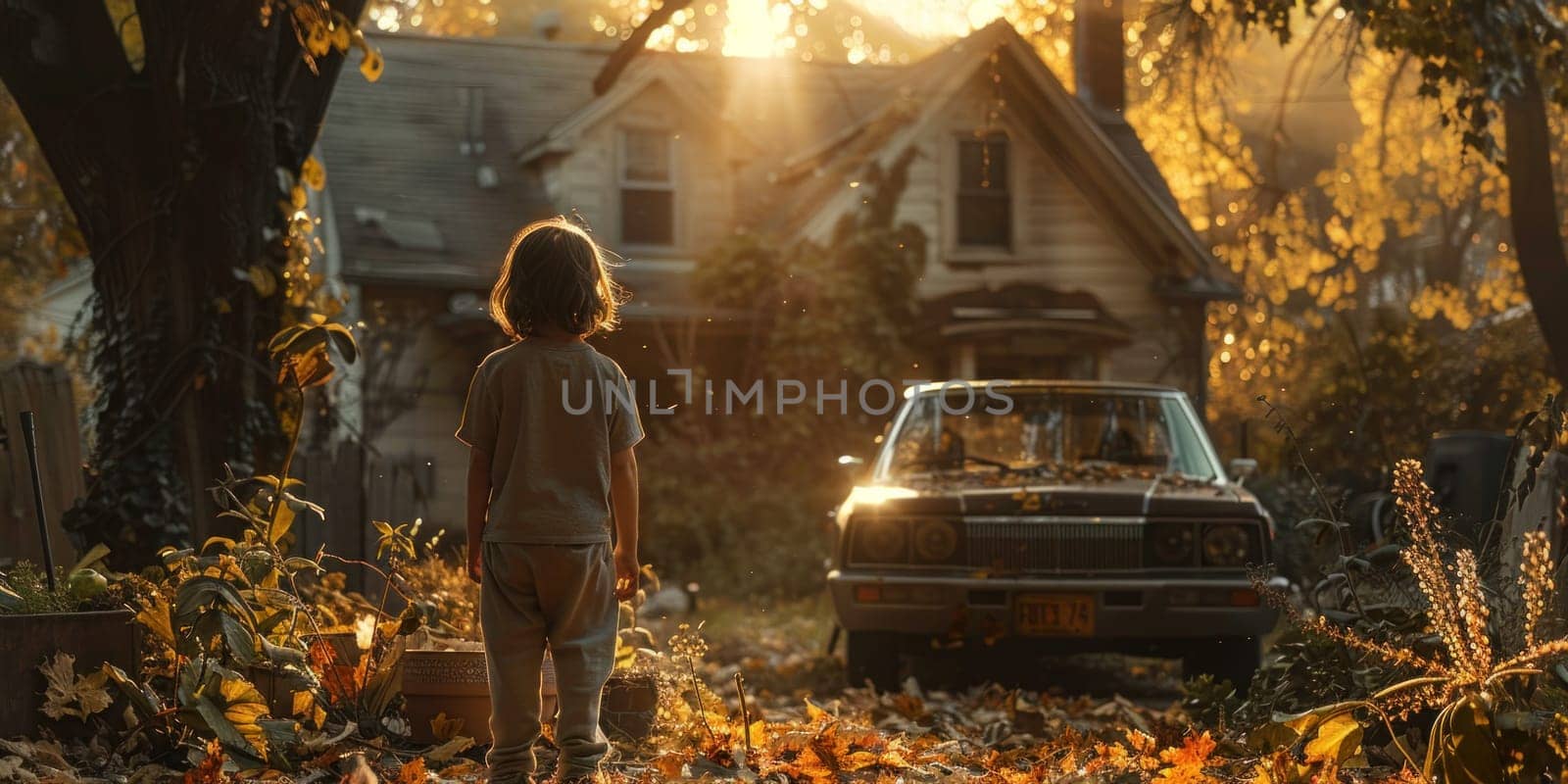 A child standing in front of a car parked in a yard as part of a family vacation.