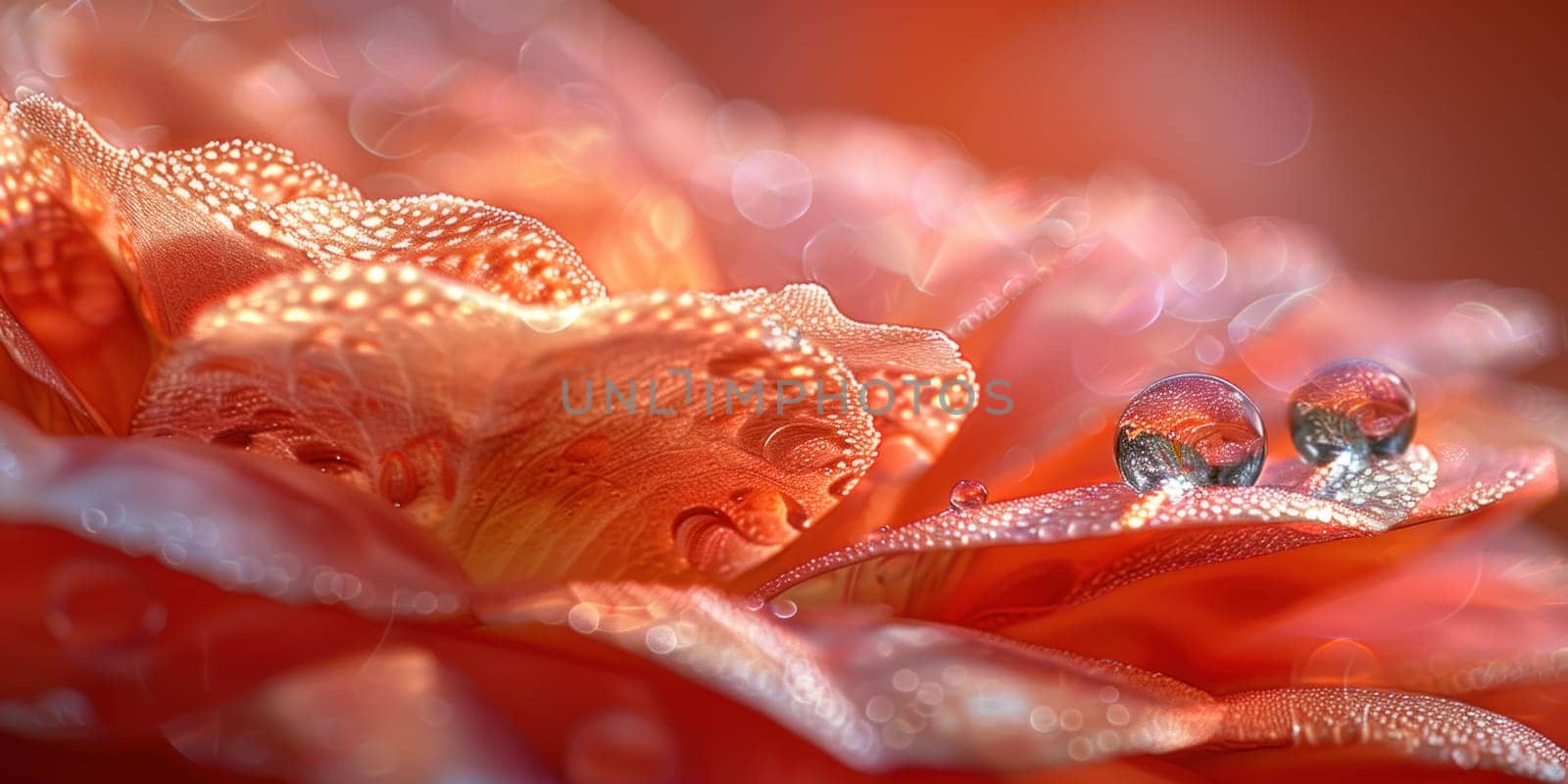 Close up of a rose petal with glistening water droplets on its surface.
