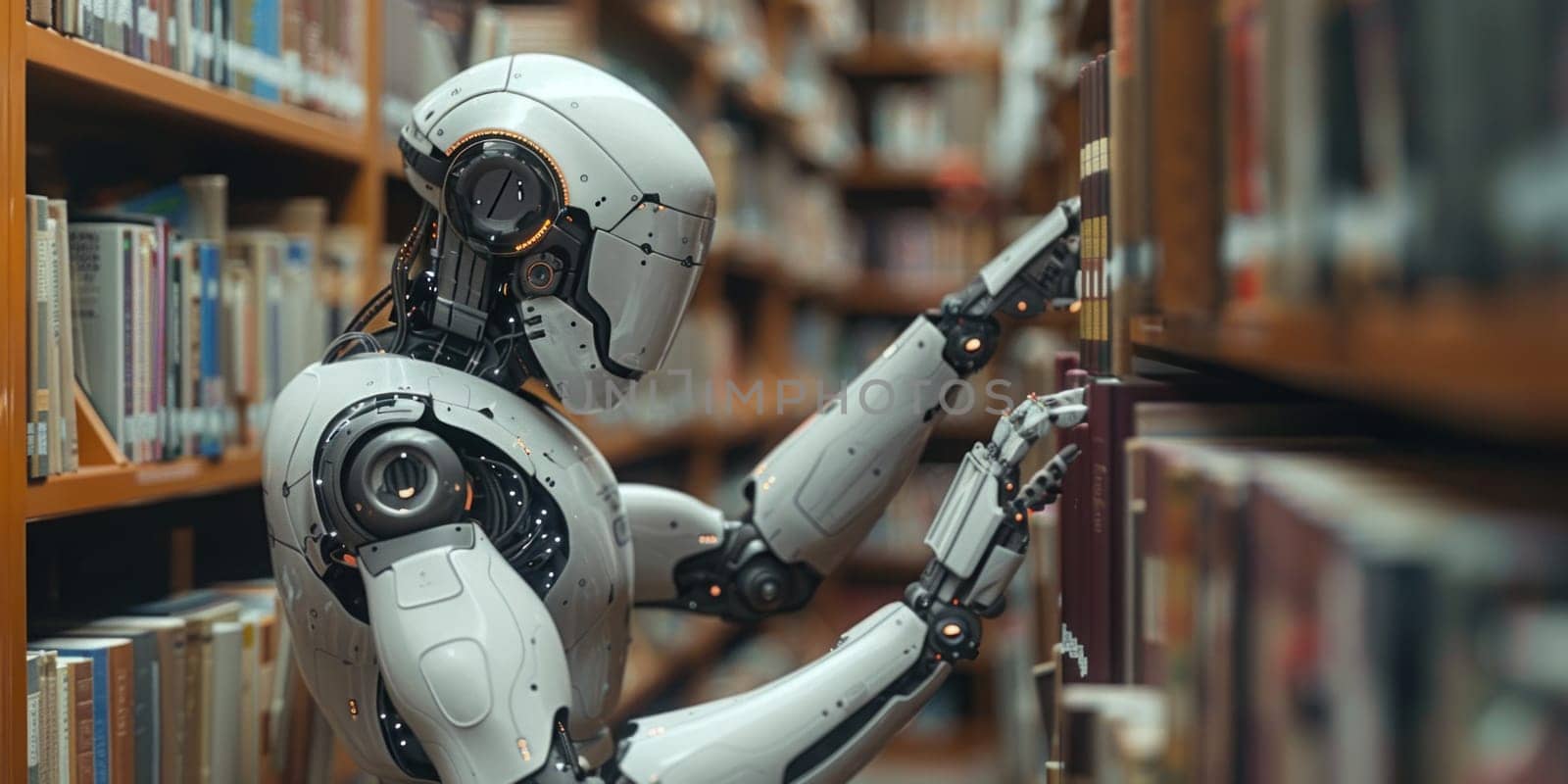 Robot Holding Book in Library by but_photo
