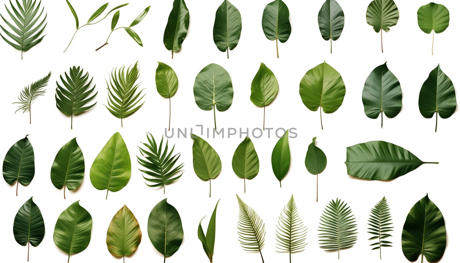 different tropical leaves, white background, isolated by Nadtochiy