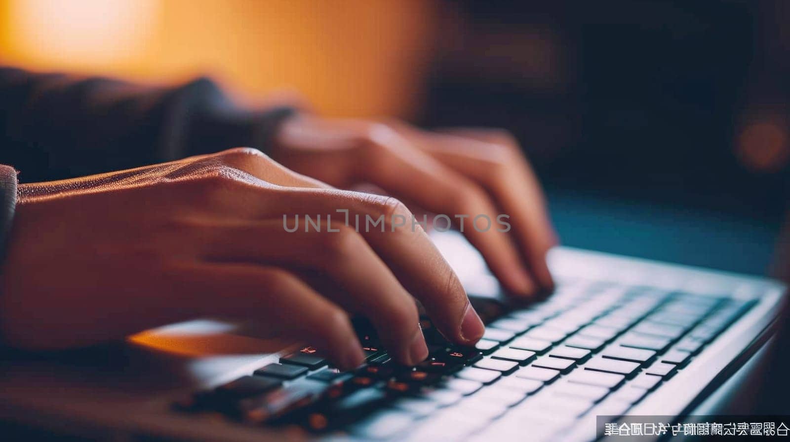 The closeup picture of the hand of single person that has been holding and typing the keyboard on the notebook to writing the document or coding the program alone in the gloomy low light room. AIGX01.