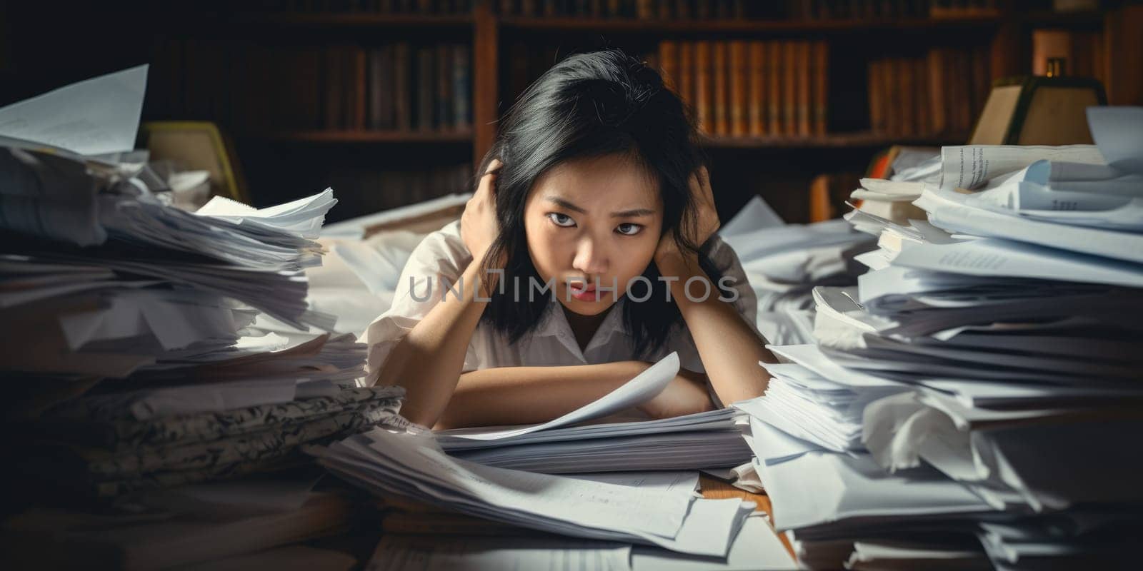 Stressed and exhausted office worker with pile of document on desk without comeliness