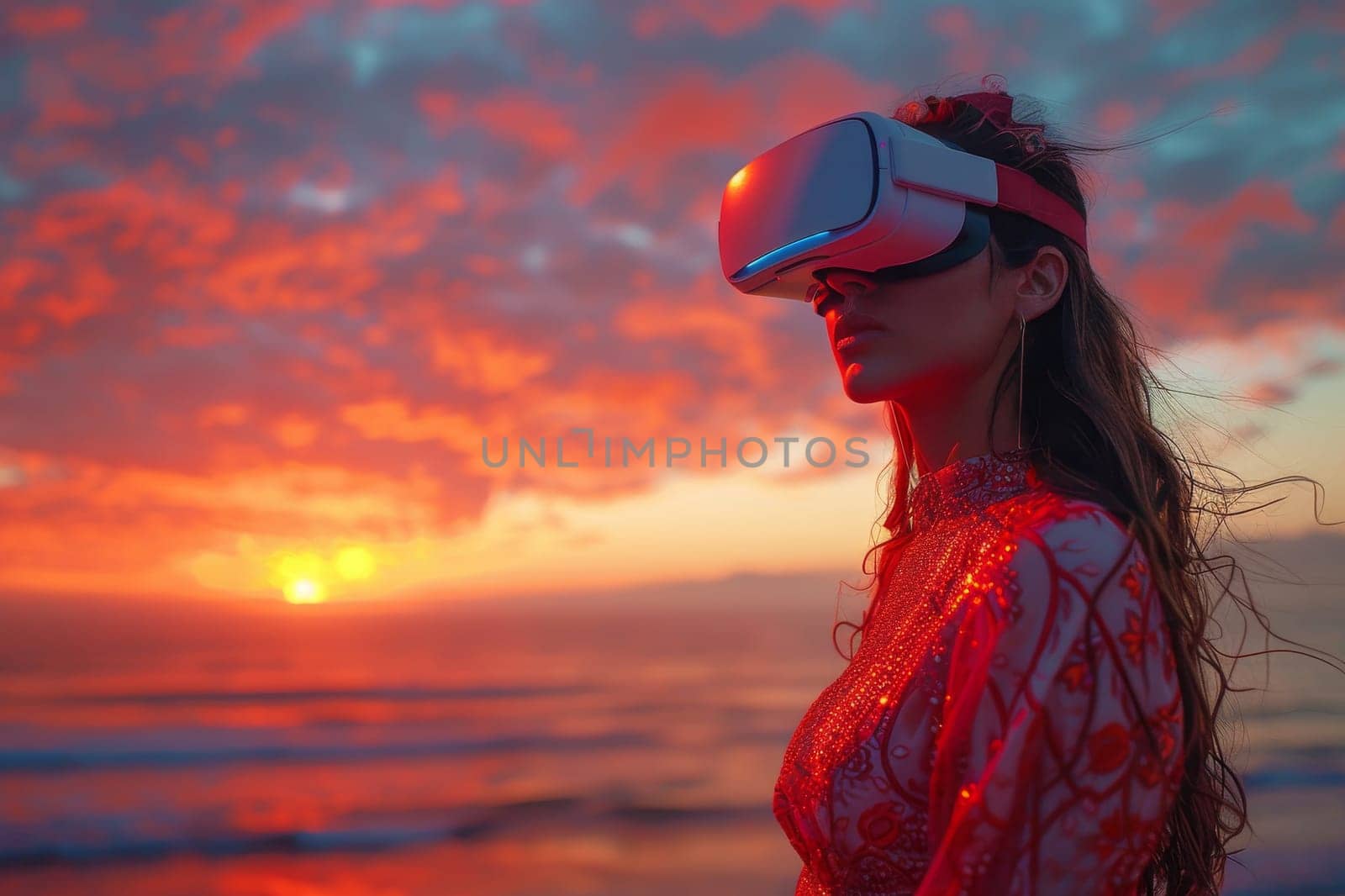 A woman wearing VR headset user, surreal world and virtual reality, colorful flowers fields. Generative AI by itchaznong