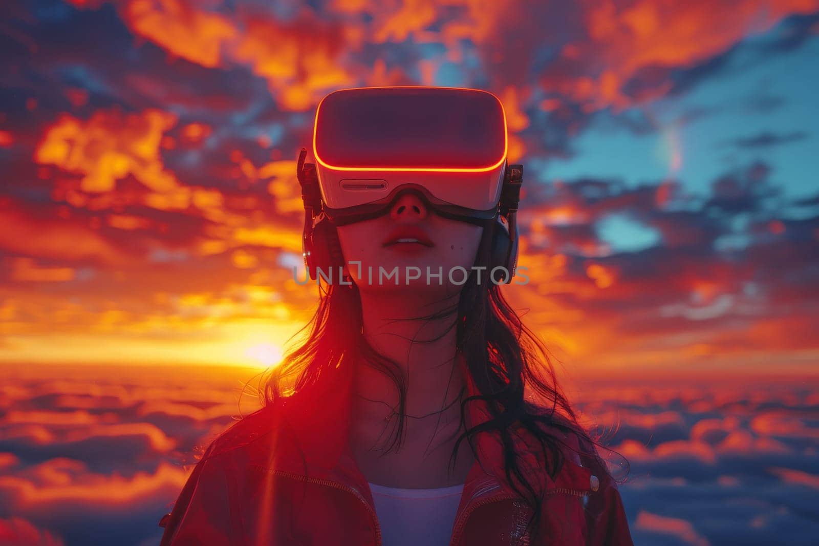 A woman wearing VR headset user, surreal world and virtual reality, colorful flowers fields. Generative AI by itchaznong