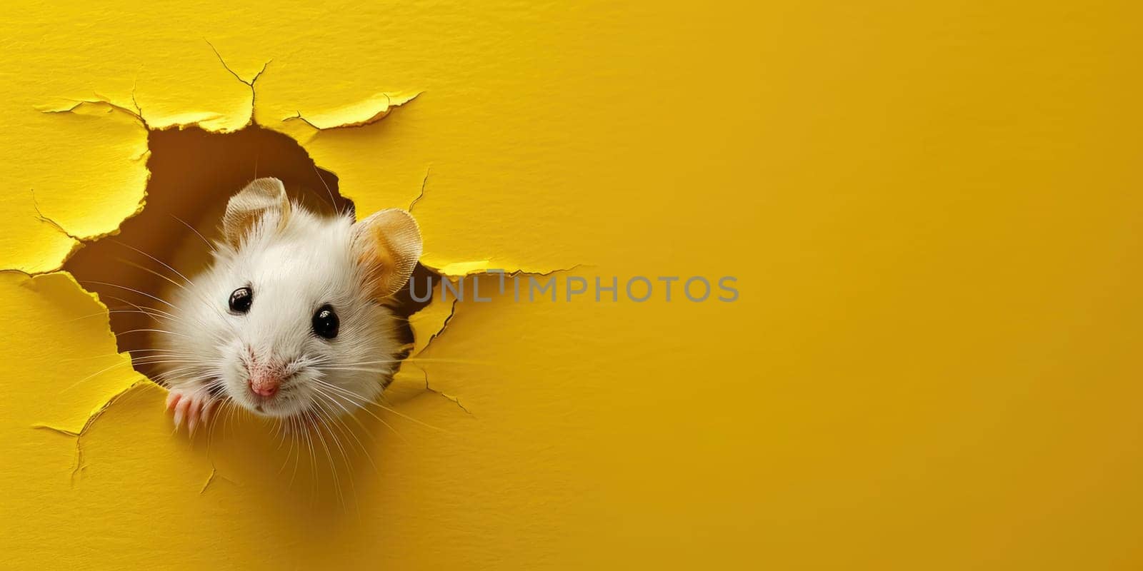 Close up view picture of the hollow yellow hole on the the wall that show the hamster stay inside the wall that has been made from some material yet still can break to look through other side. AIGX03.