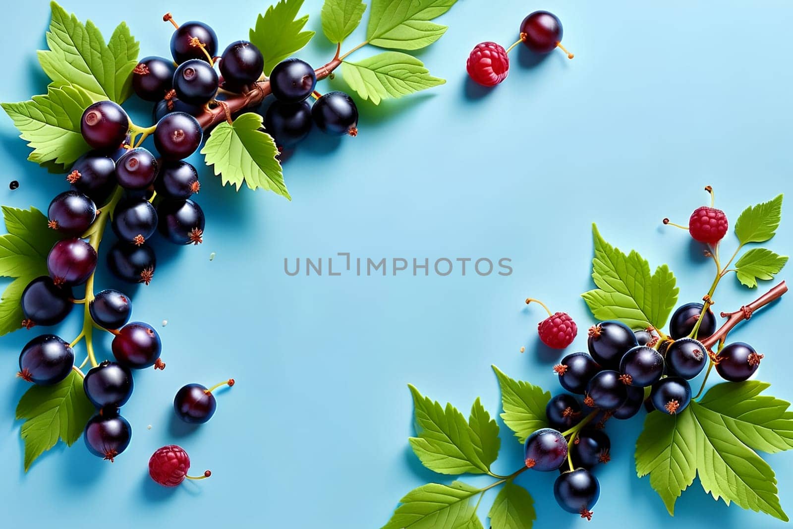 Blue background with black currants. AI generated image.