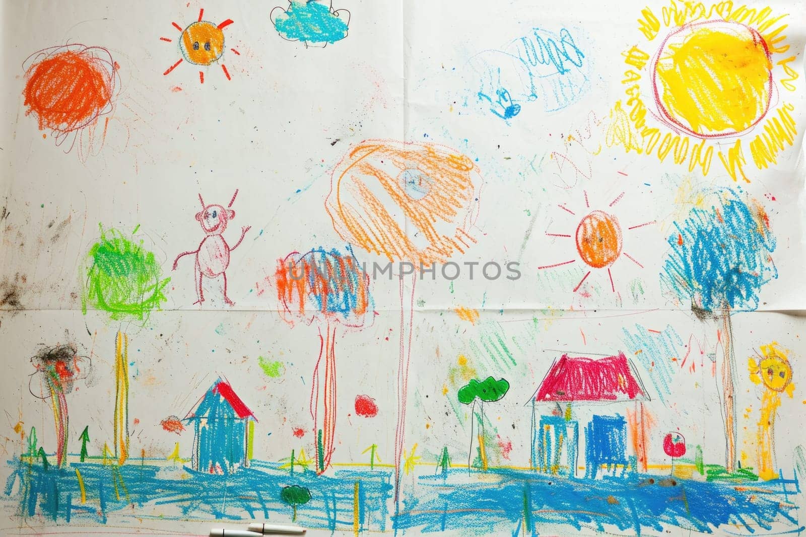 The hand drawing colourful picture of the house that has been drawn by colored pencil, crayon or chalk on the white blank background that seem to be drawn by the child that willing to draw. AIGX01.