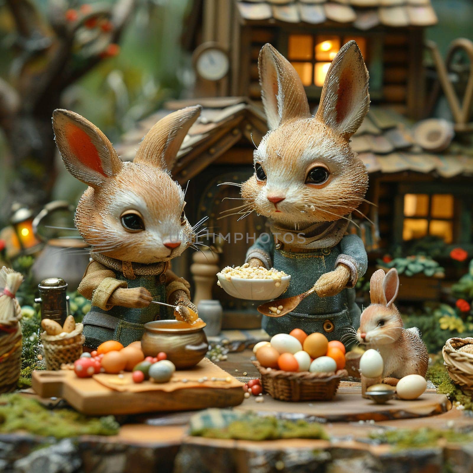 Stop-motion scene of family preparing feast for cozy Easter celebration. by Benzoix