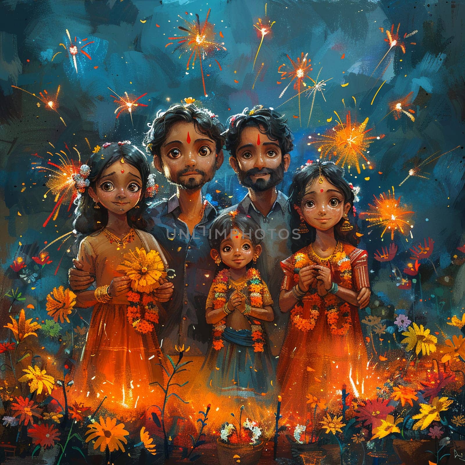 Vibrant digital art piece of families enjoying Gudi Padwa festivities, with fireworks and traditional decorations.