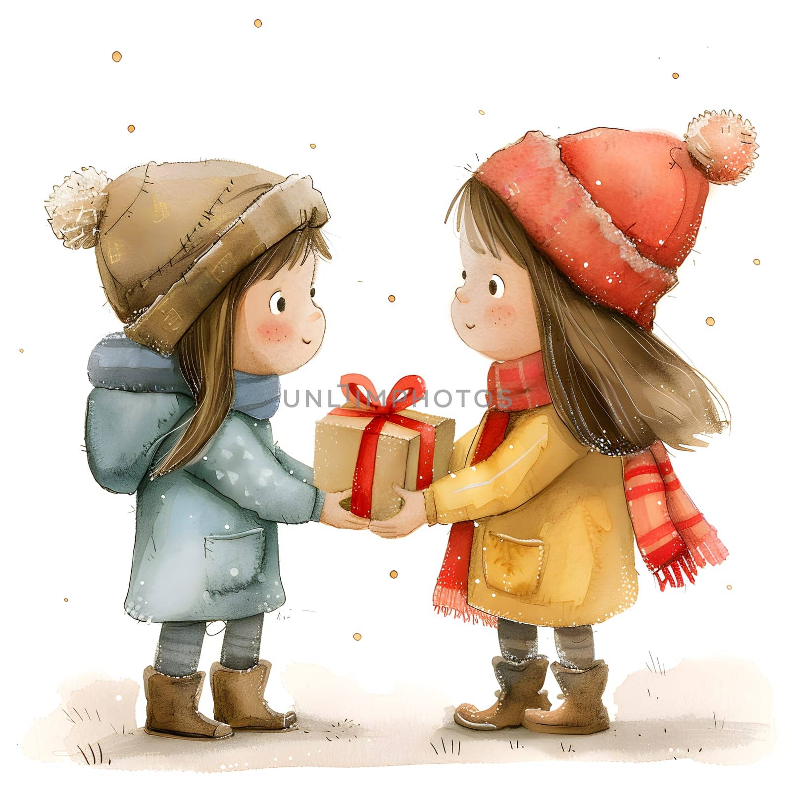 two little girls are standing next to each other holding a gift box by Nadtochiy