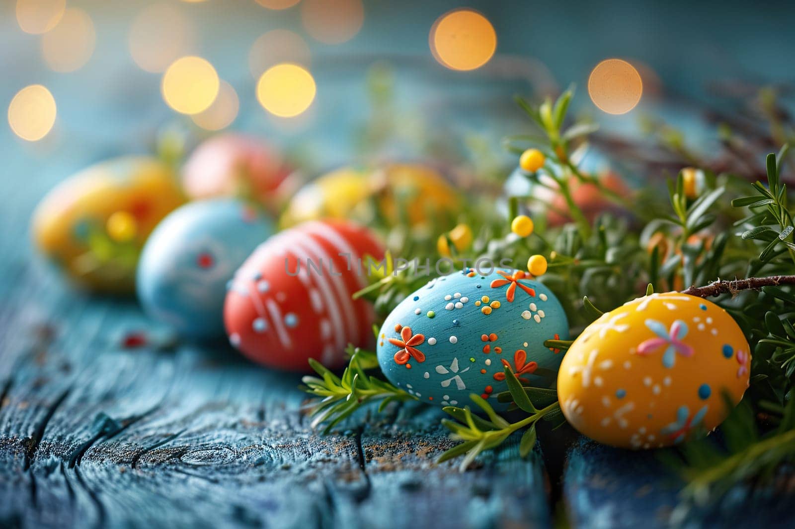 Beautiful decorated Easter eggs on a blue wooden surface. Easter composition, top view.