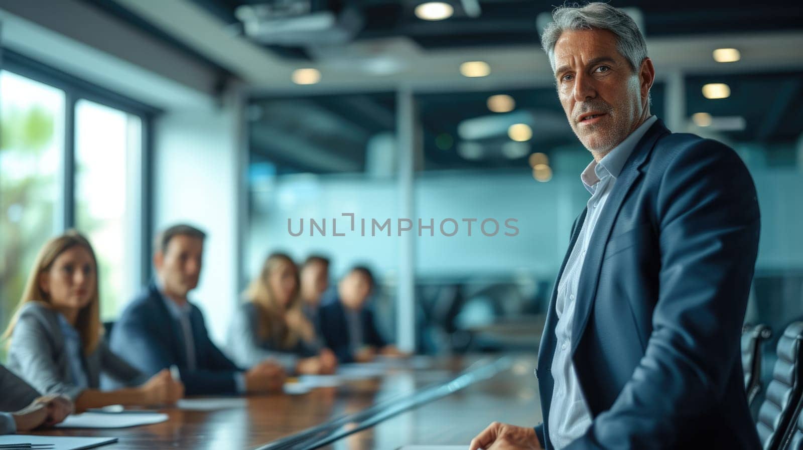 A confident senior executive stands at the head of the boardroom table, leading a strategic meeting with the corporate team. AIG41