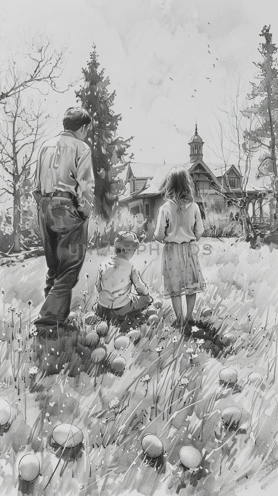Charcoal sketch of peaceful Easter morning with family finding eggs in their garden