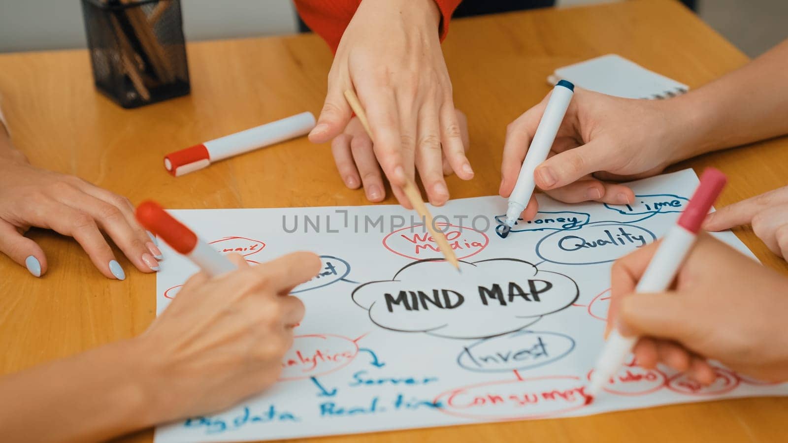 Skilled business people hand brainstorming idea by using mind map. Immaculate. by biancoblue