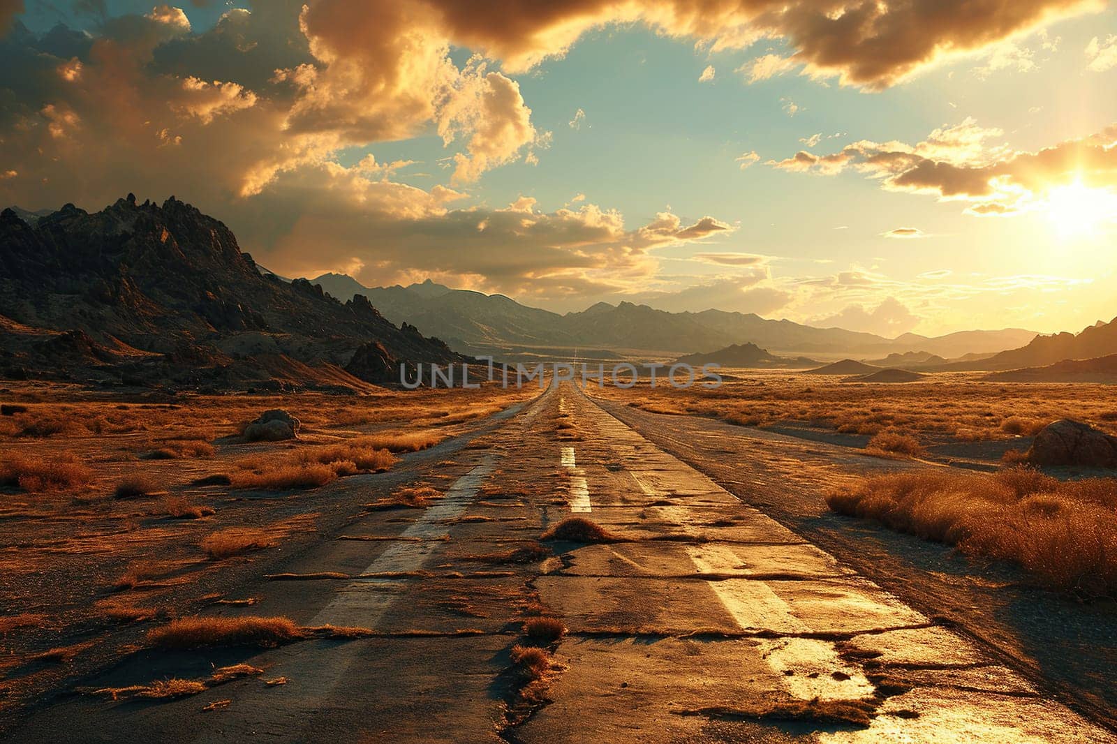 An old asphalt road in the middle of the desert in the light of the sun. Generated by artificial intelligence by Vovmar