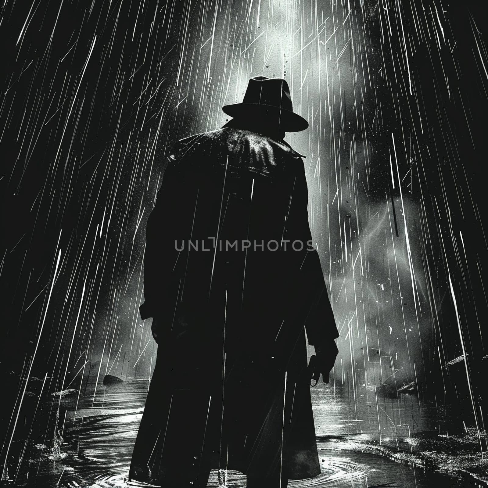 Classic noir style illustration of detective solving mystery on rainy World Water Day