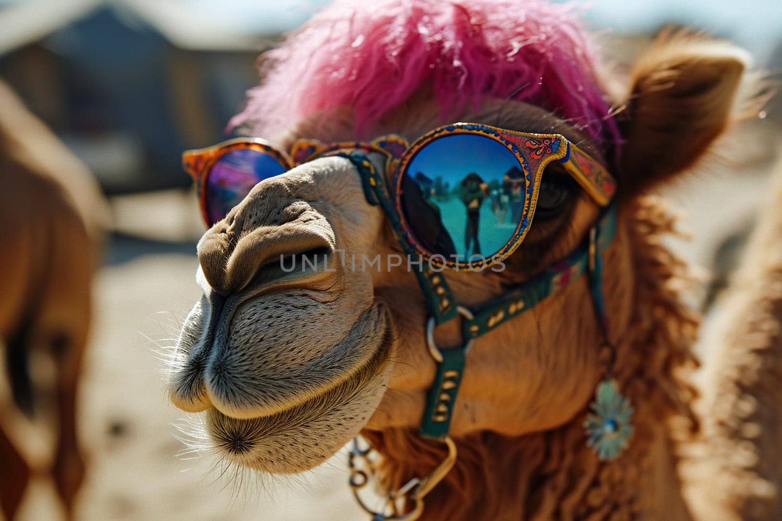 Hippie camel with a pink mane in sunglasses on a blurred background.