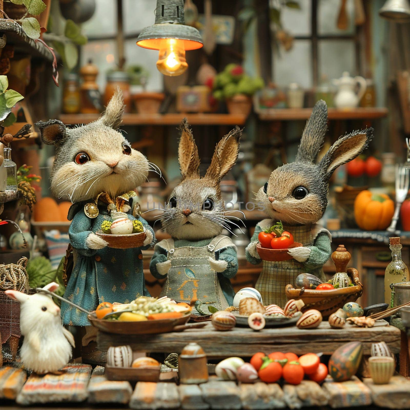 Stop-motion scene of family preparing feast for cozy Easter celebration