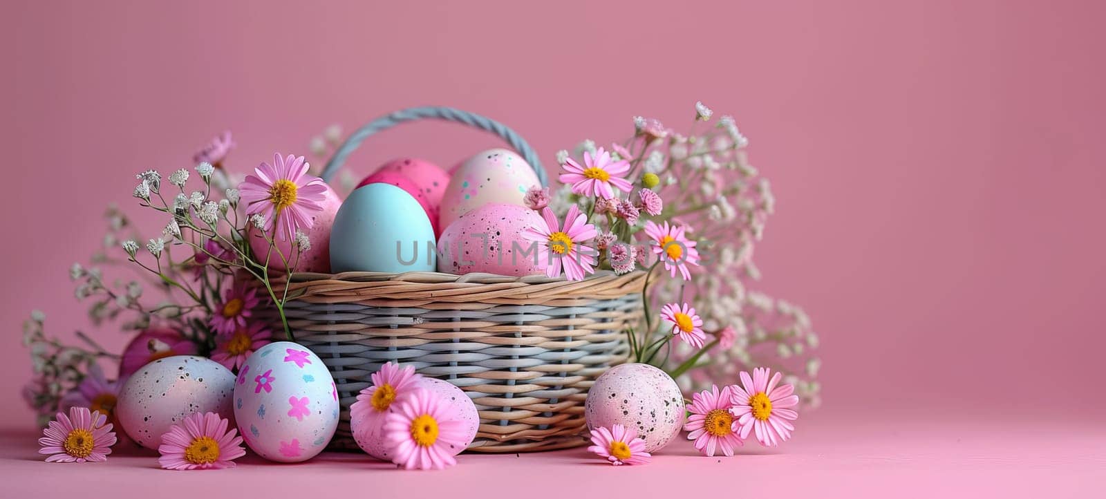 Easter holiday celebration banner greeting card banner with easter eggs and flowers on a pink background by NataliPopova