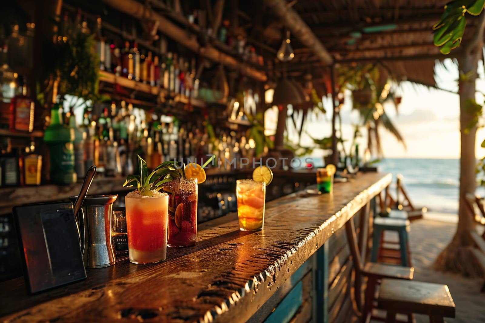 Wooden bar counter with summer cocktails on the seashore.