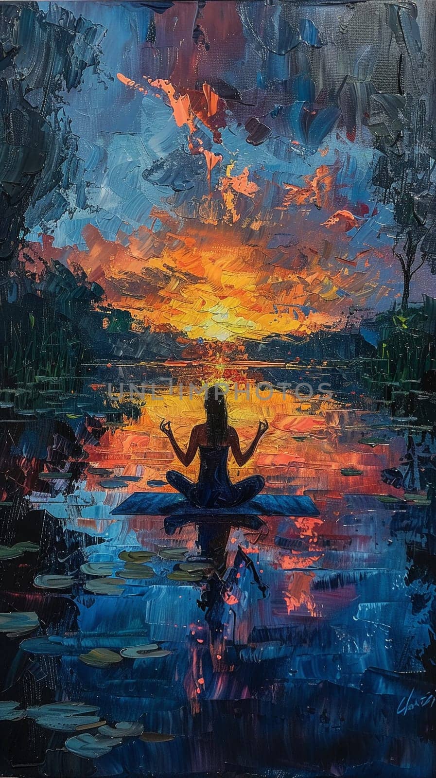 Serene painting of woman practicing yoga by lake at dawn, celebrating Women's Day.