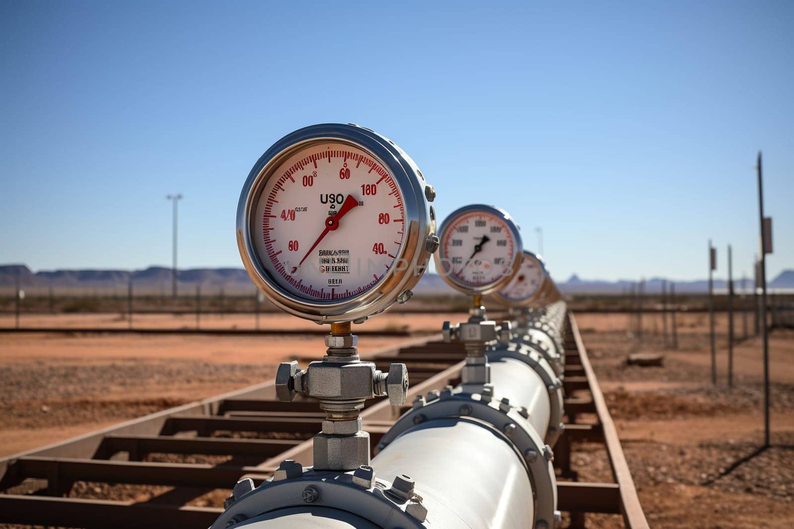 Pipeline with pressure gauges in an oil field in a desert area.