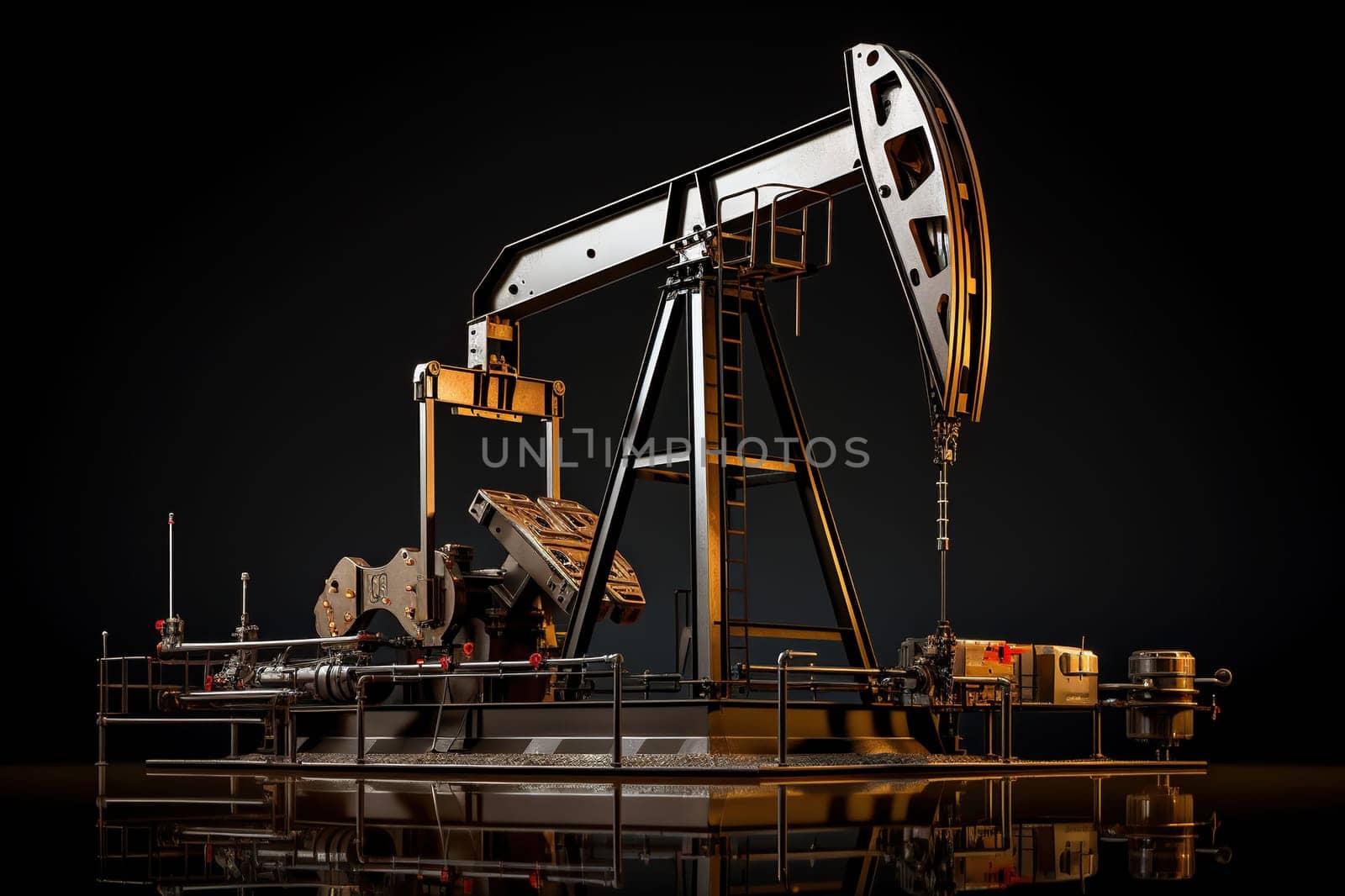 Gold model of an oil pump on a black mirror background.