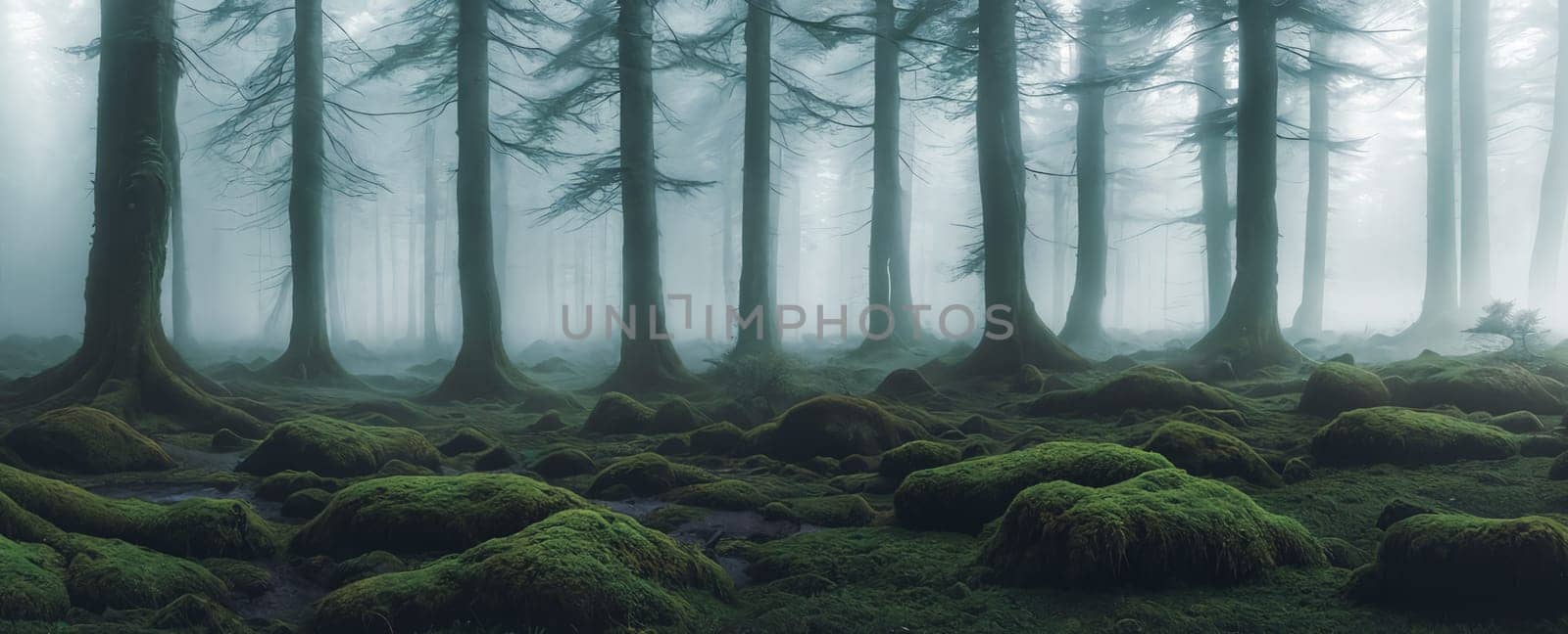 The Mystical Forest Ancient trees cloaked in mist, moss-covered rocks, light filtering through the foliage. Generative AI. by GoodOlga
