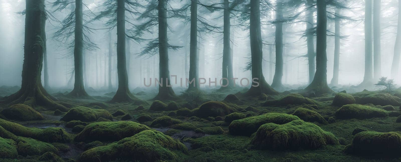 Welcome to the Mystical Forest Ancient trees cloaked in mist, moss-covered rocks, light filtering through the foliage. Discover enchantment in every corner of this ethereal realm. Generative AI.