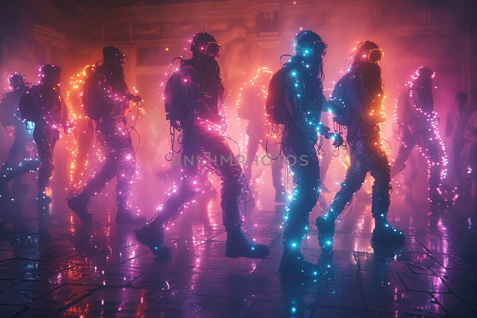 Neon-lit digital artwork of futuristic dance party celebrating Martisor