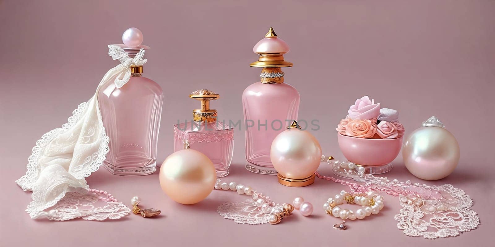 Pastel Palette. A still life scene featuring pastel-colored feminine accessories like a delicate pearl necklace by GoodOlga