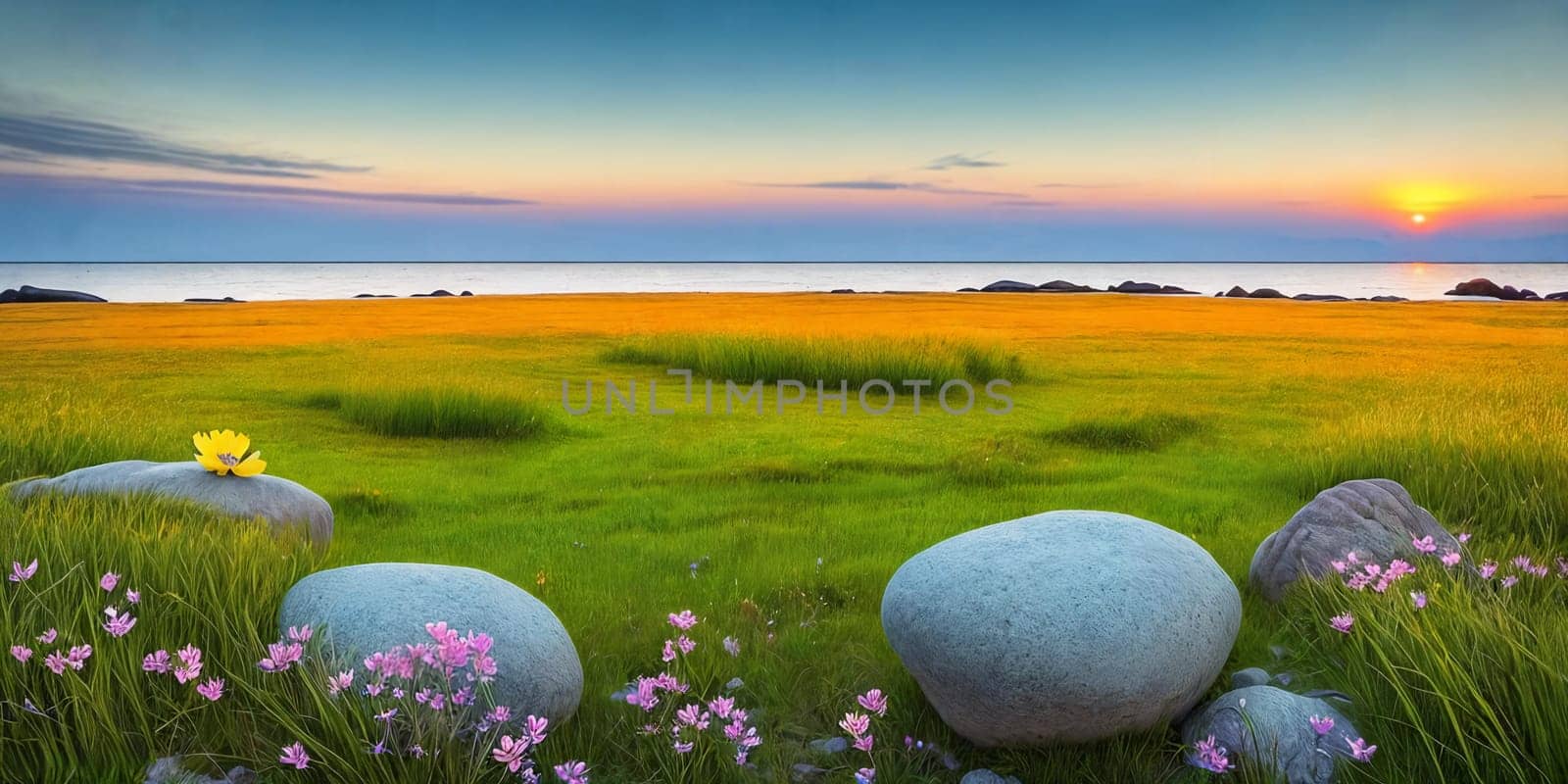 Inspirational Nature. A serene landscape photograph of a peaceful meadow at sunrise with a single flower resting on a rock or in the grass to convey a sense of tranquility and inner strength.