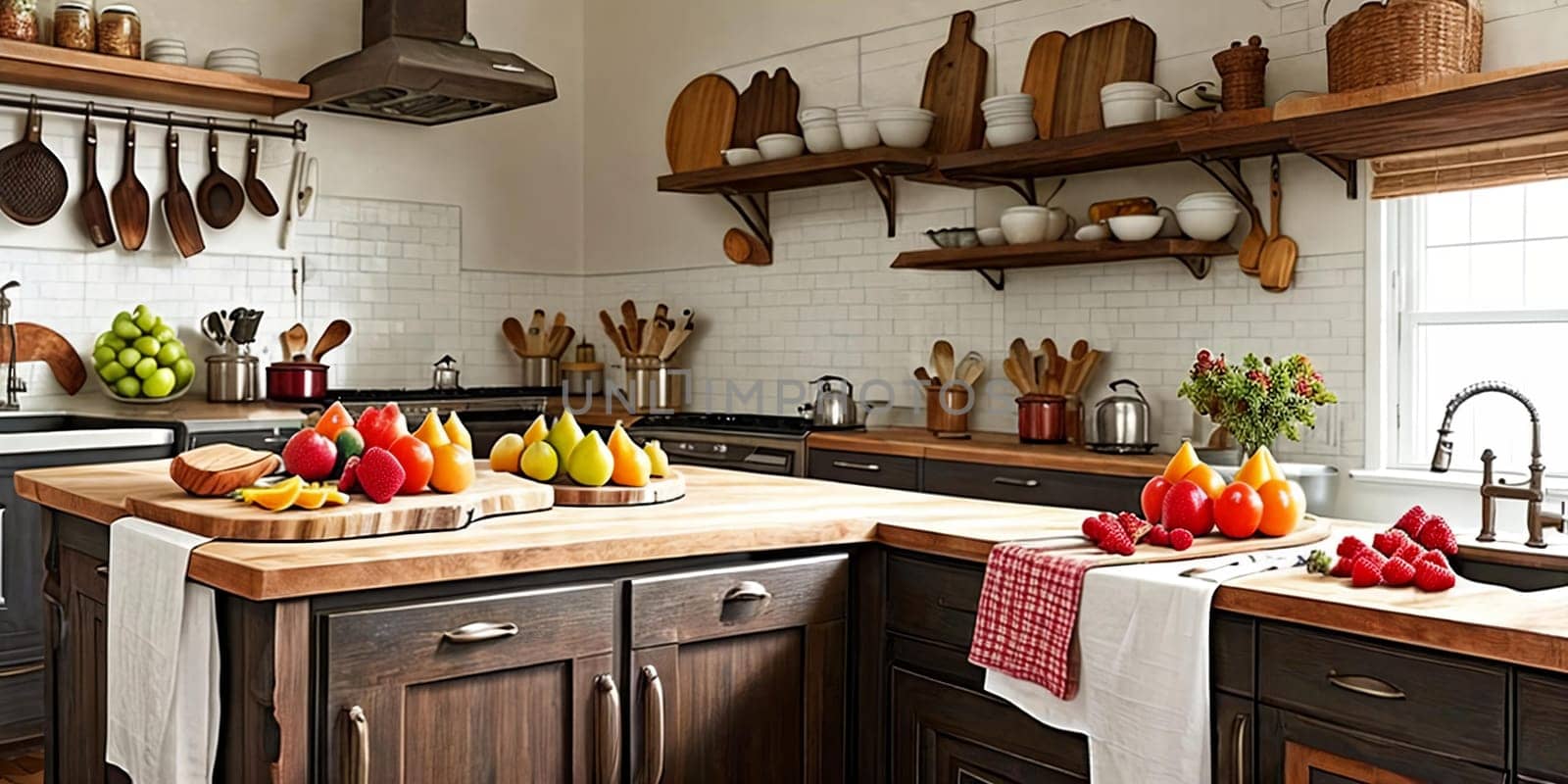 Kitchen Creations. A beautifully styled image of a rustic kitchen counter with fresh fruits, a recipe book, and vintage kitchen utensils