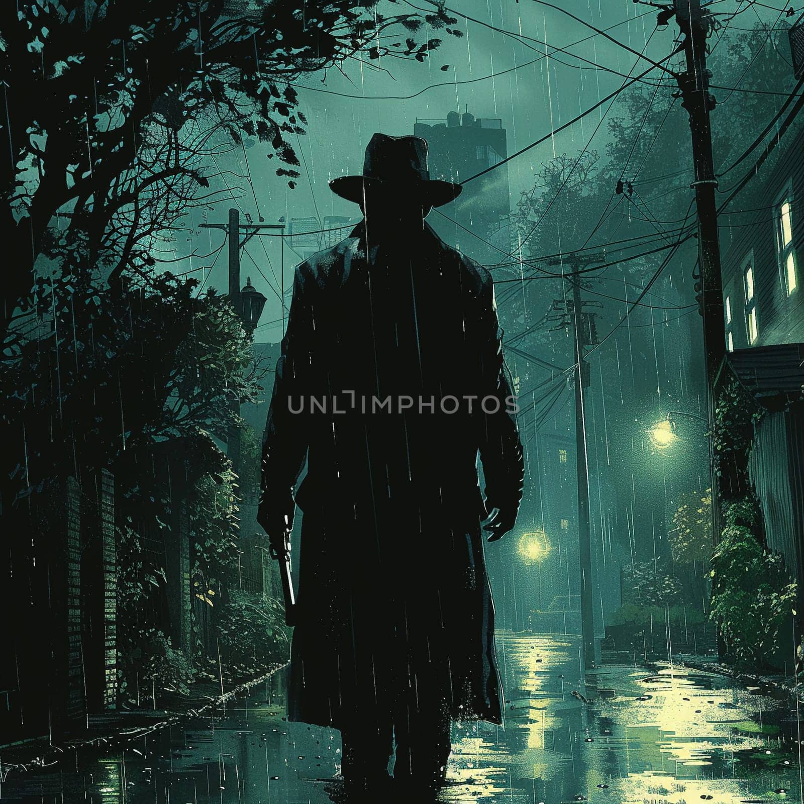 Classic noir style illustration of detective solving mystery on rainy World Water Day