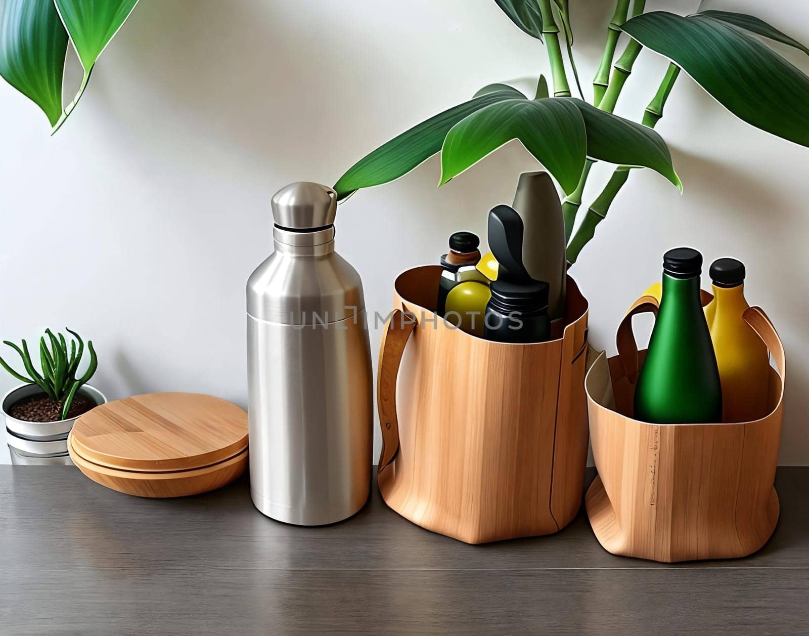 Sustainable Living. Showcase a sustainable lifestyle with a composition of reusable eco-friendly products like a bamboo toothbrush, a stainless steel water bottle, and a canvas tote bag