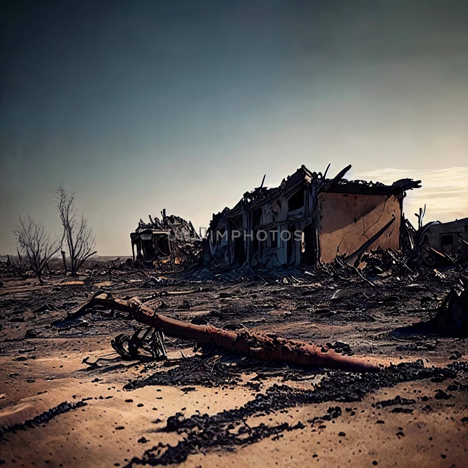 Devastated Landscapes. Disaster with scorched earth, smoldering wreckage, and a bleak atmosphere that conveys the destruction that occurred.