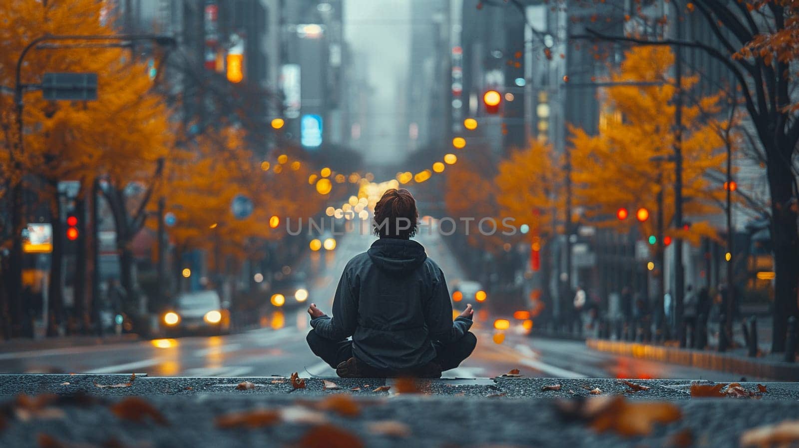 Conceptual photo of person meditating in urban setting to represent World Sleep Day. by Benzoix